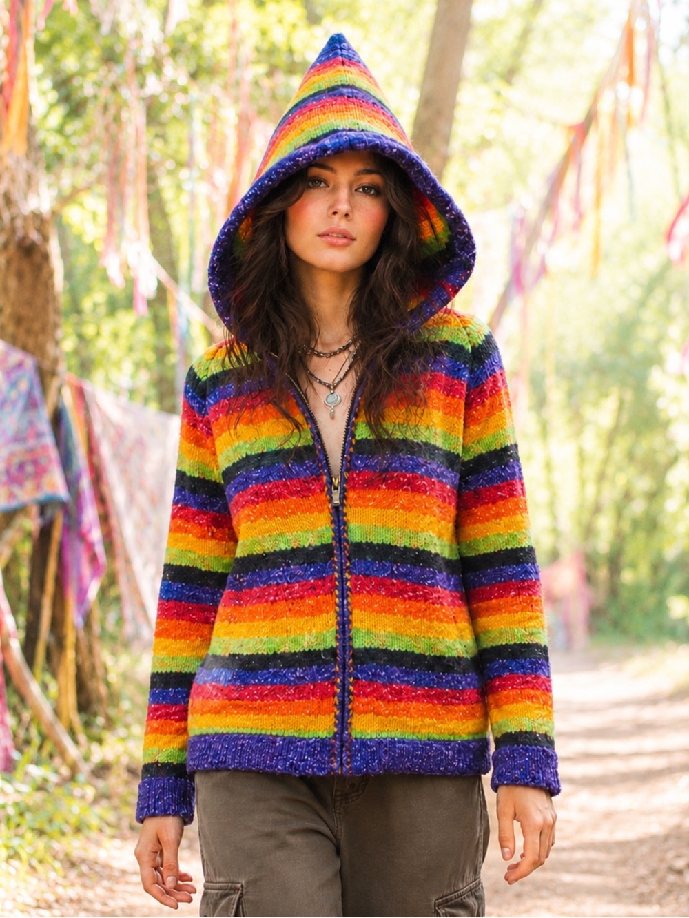 Rainbow Pixie Hood Wool Zip Hoodie S/M Fairycore Festival Elfcore Sweater